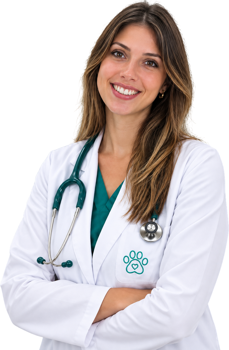 Veterinária da Clickvet sorrindo, de jaleco branco e estetoscópio